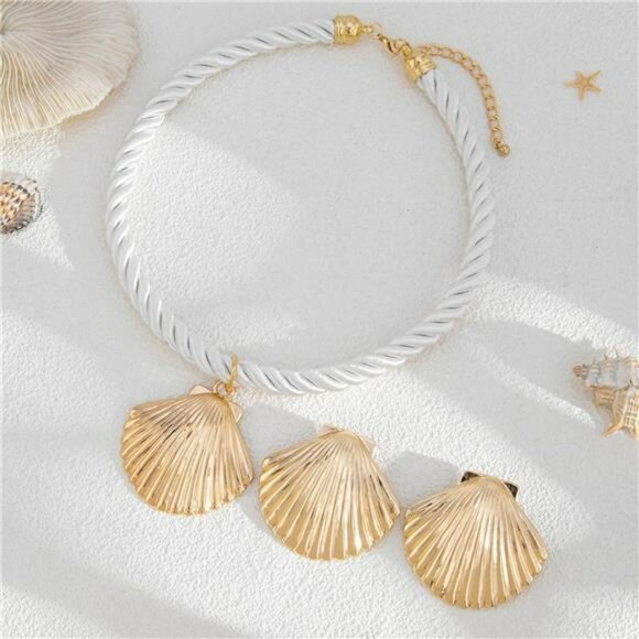 Gold Seashell Necklace and Earrings Set Women Beach Jewelry Summer Shell Jewelry - Picture 6 of 8